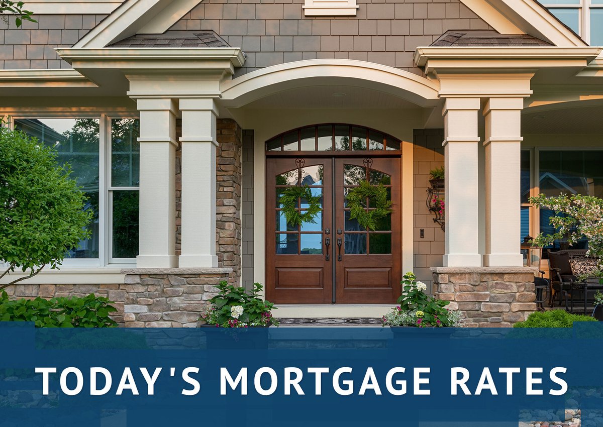 Fancy house with today's mortgage rates graphics.