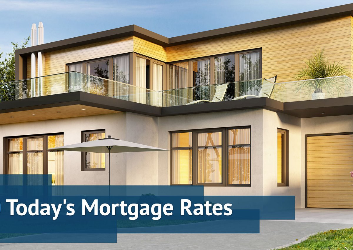 A large, fancy house with daily mortgage rates graphics.