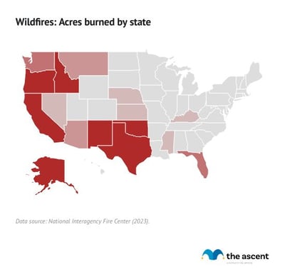 A map showing the amount of acres burned and number of wildfires per state.