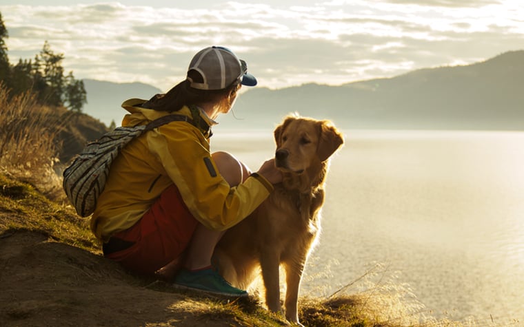 Une femme faisant de la randonnée autour d'un lac avec son chien et admirant la vue sur l'eau au coucher du soleil.