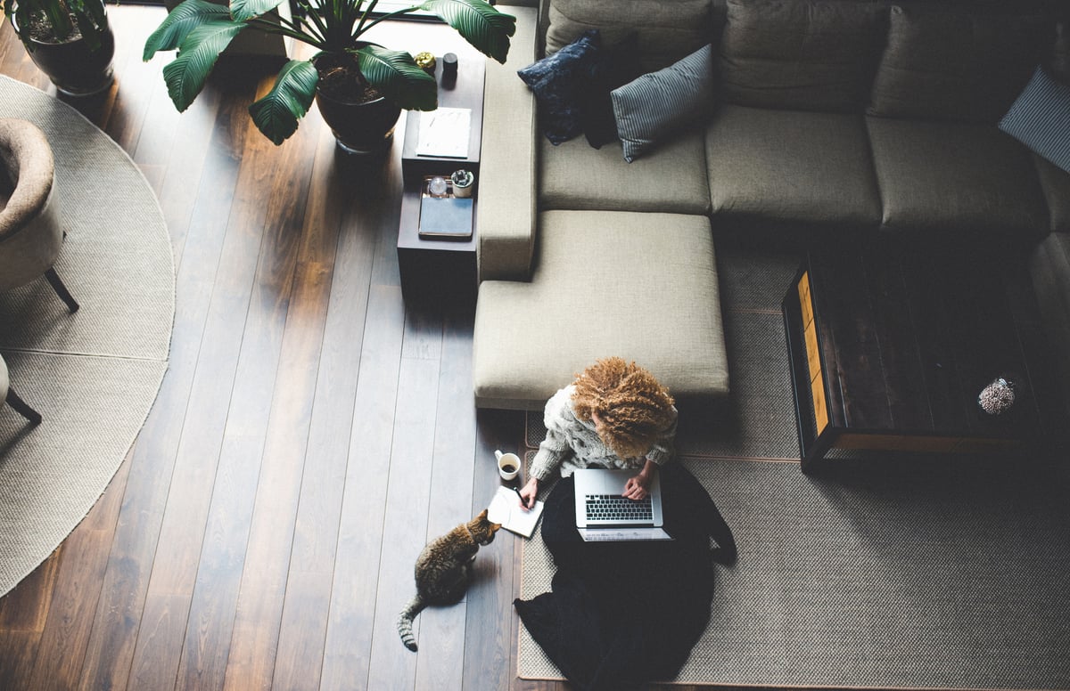 A woman sitting on the floor of her living room with her cat while working on her laptop.