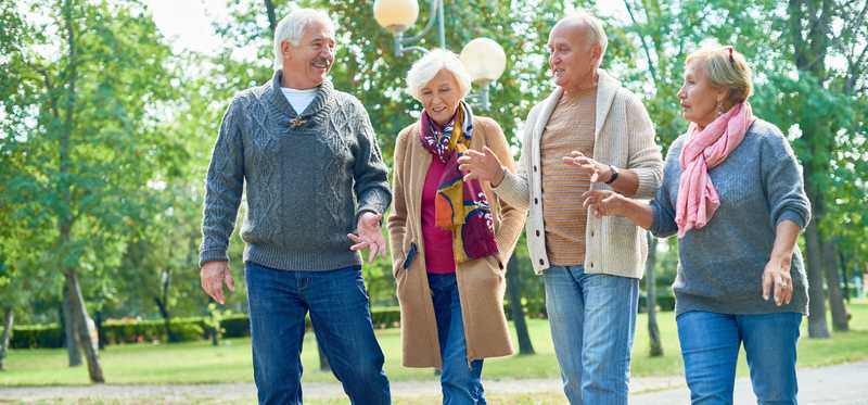 Two senior couples walking outdoors together in a group.