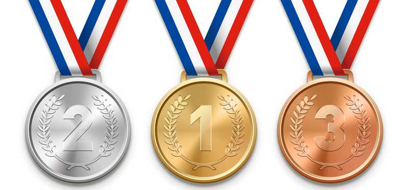 Gold, silver, and bronze medals.
