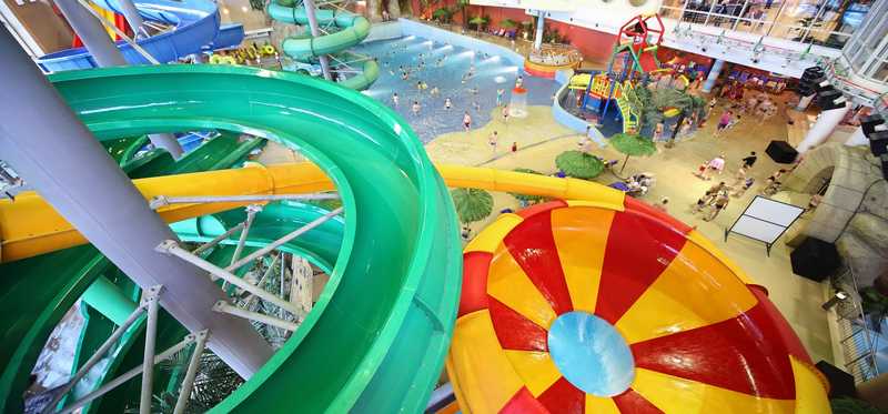 A view of an indoor water park.
