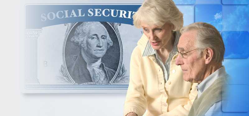 An elderly couple with an image of social security and washington's face from the dollar bill.