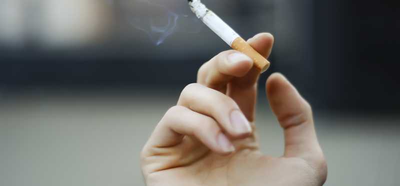 Hand holding a half-smoked cigarette.