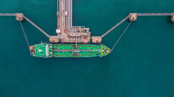 A cargo ship at sea.