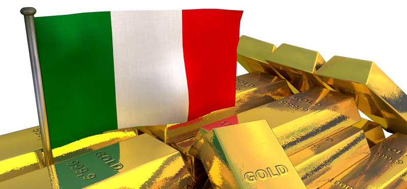 Italian Flag planted in a stack of gold bars.