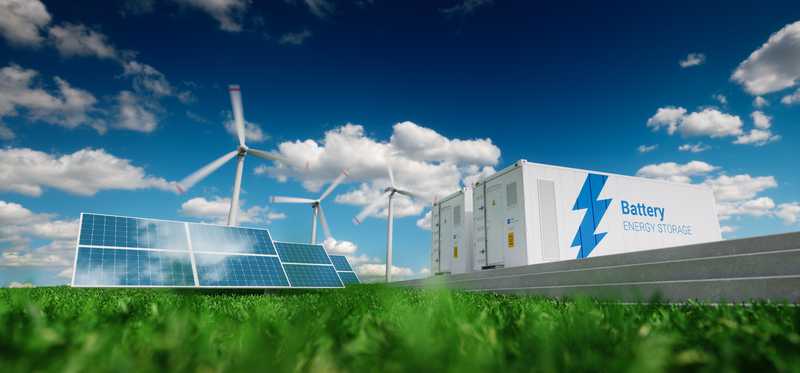 Wind Solar and Battery Power with green grass in front