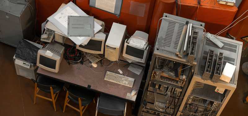 A workspace with a lot of old computer gear.