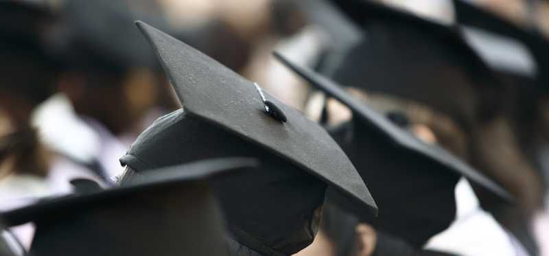 A row of graduation caps on wearers that are not visible.