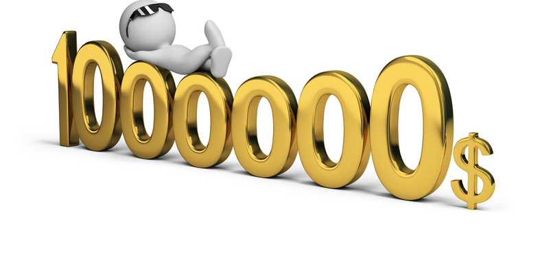 Text for 1 million dollars in gold with cartoon figure lounging on top
