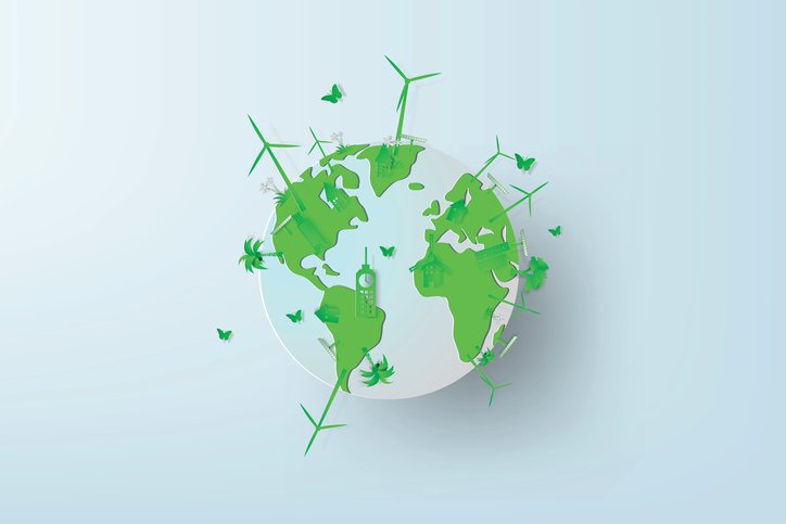Graphic of the Earth with windmills rising up off it in various places.