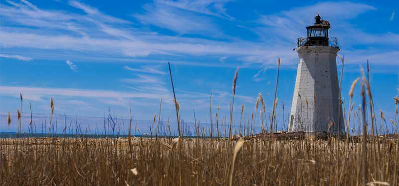 A prairie and a lighthouse with blue skies.