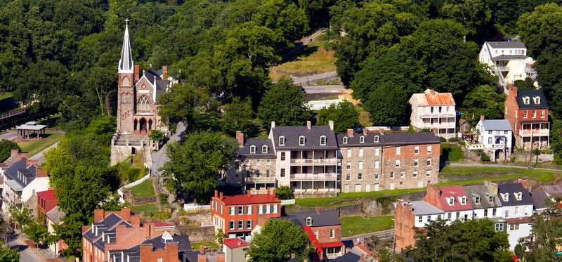 Aerial view of Harpers Ferry in West Virginia.