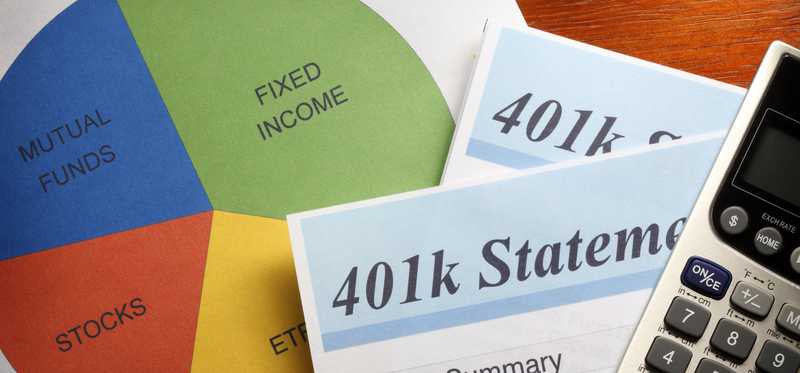 401k income statement and pie chart with calculator.
