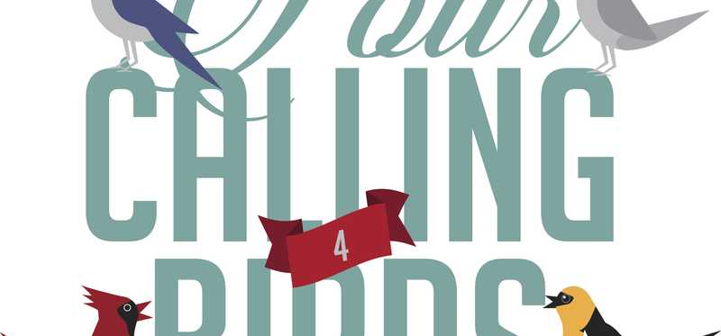 Illustrated "Four calling birds" text