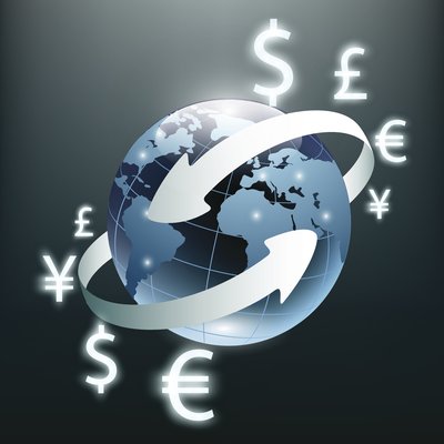 Various currency symbols moving around a globe.