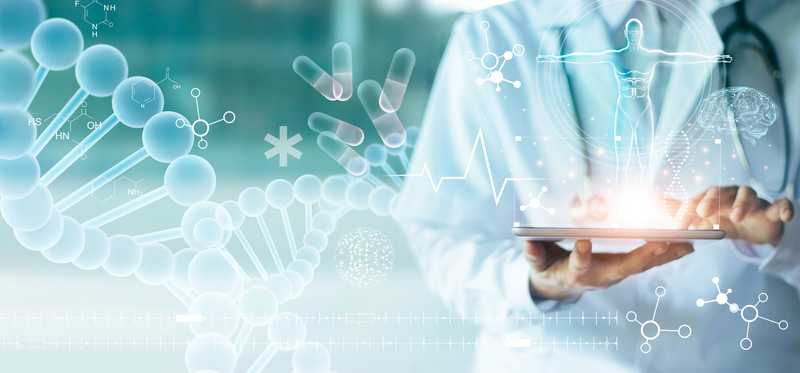 Doctor holding clipboard stands with virtual DNA double helix in the air near him.