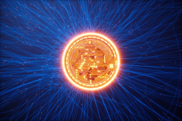Glowing Bitcoin On Blue Background With Plexus And Red Connection Dots