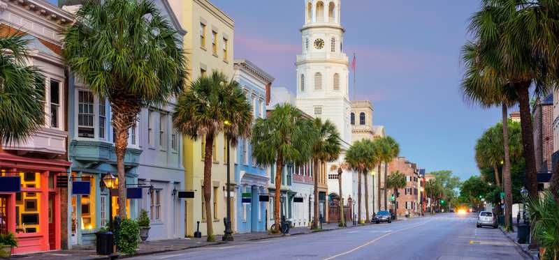 Pastel-colored buildings in Charleston, South Carolina.