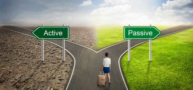 Person with luggage at fork in road with one choice being the active road and the other the passive route.