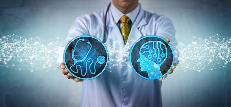 Doctor touches two virtual images of a stethoscope next to a human head and brain.