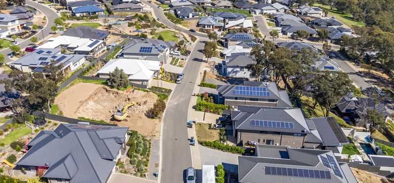 A bird's-eye view of a suburban neighborhood.