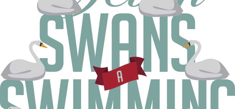 Illustrated "Seven swans-a-swimming" text