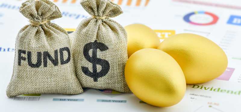 Burlap bags reading Fund and with a dollar sign next to golden eggs placed in front of paper tables and charts.