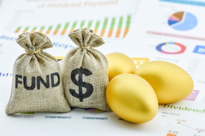 Burlap bags reading Fund and with a dollar sign next to golden eggs placed in front of paper tables and charts.