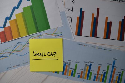 Small Cap written on sticky note among pages containing colorful bar graphs.