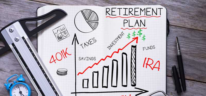 The words Retirement Plan, IRA, and other retirement related words written on graph paper.