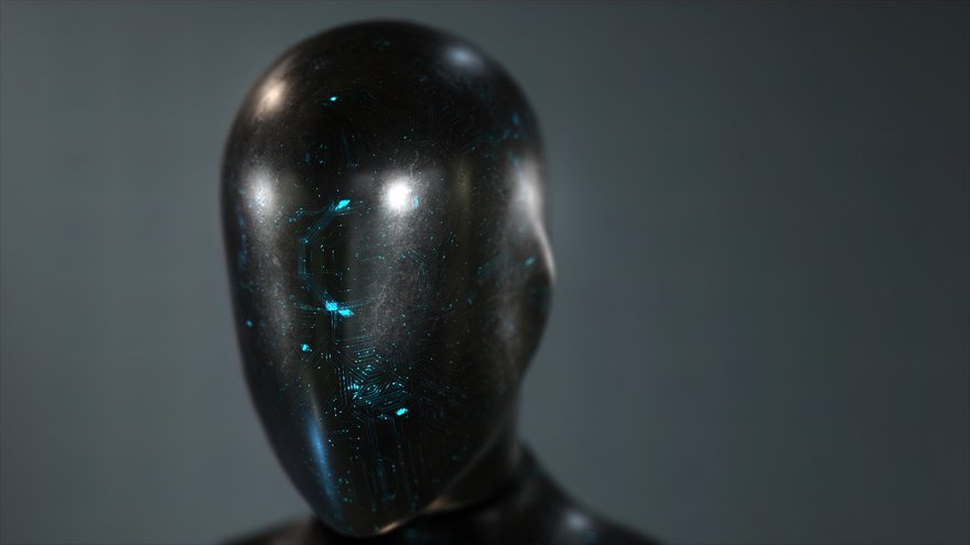 The black, faceless head of a robot or mannequin.