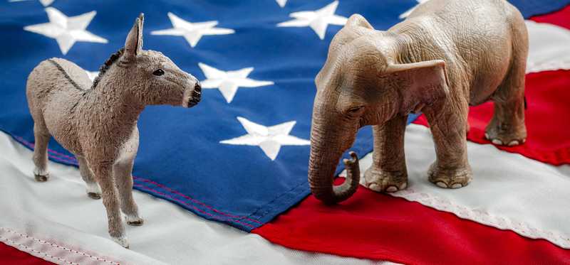 A Democrat donkey and Republican elephant squaring off atop the American flag.