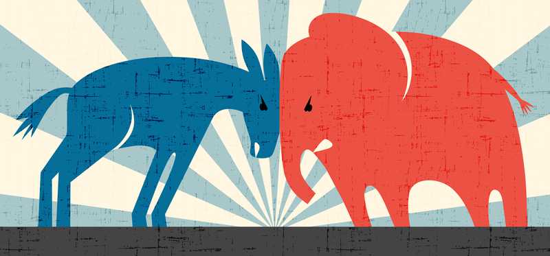 A blue Democrat donkey and red Republican elephant butting heads.