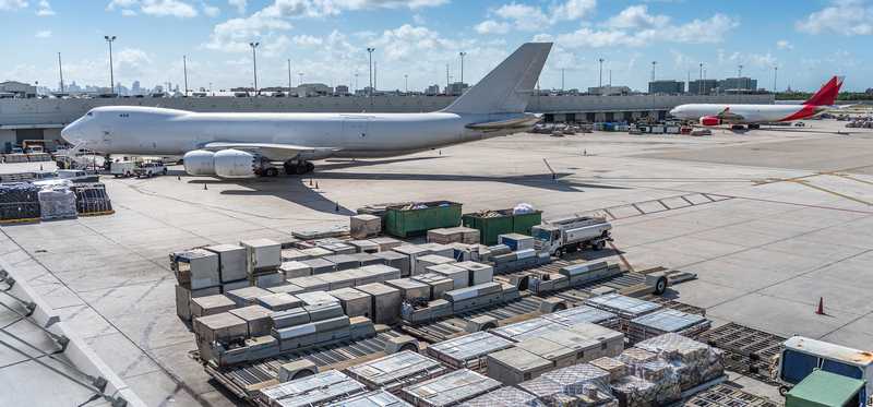 A cargo plane parked at an airport.