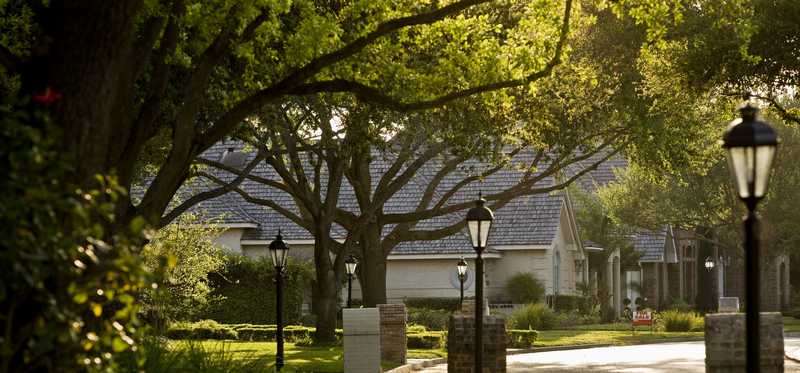 A house with large trees in front of it.