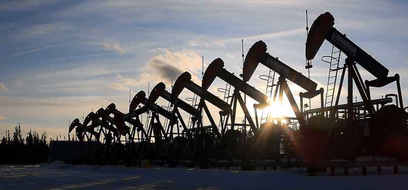 A long row of pumpjacks under the setting sun with snow in the foreground.