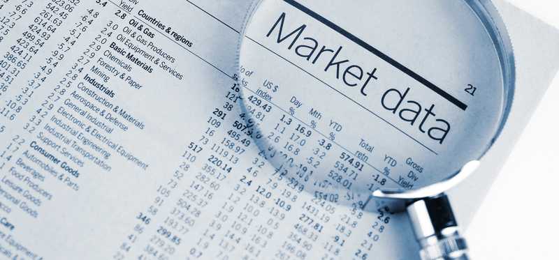 A magnifying glass placed atop a financial newspaper that's highlighting the words, Market Data