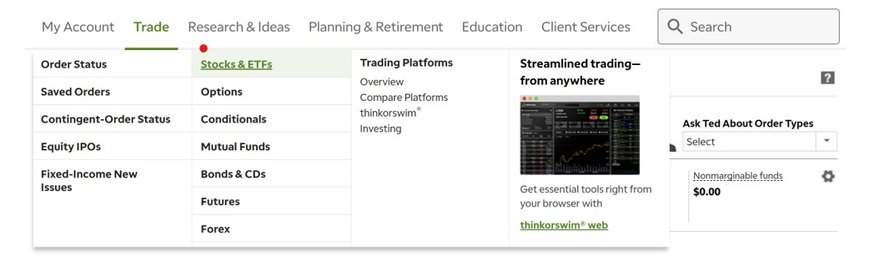 A screenshot from TD Ameritrade showing how to select the trade screen.