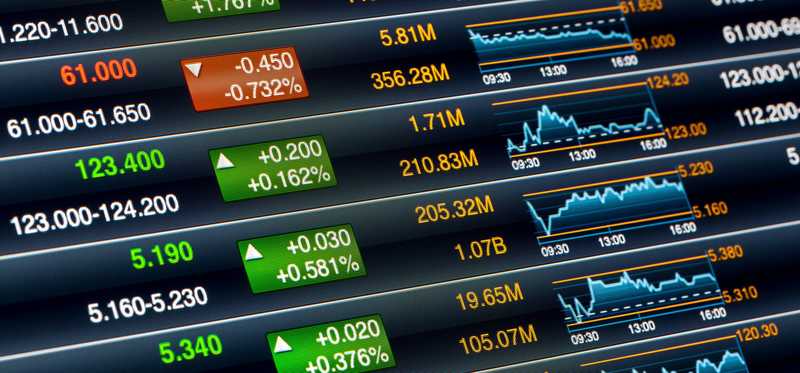 An assortment of stock index quotes on a digital monitor.