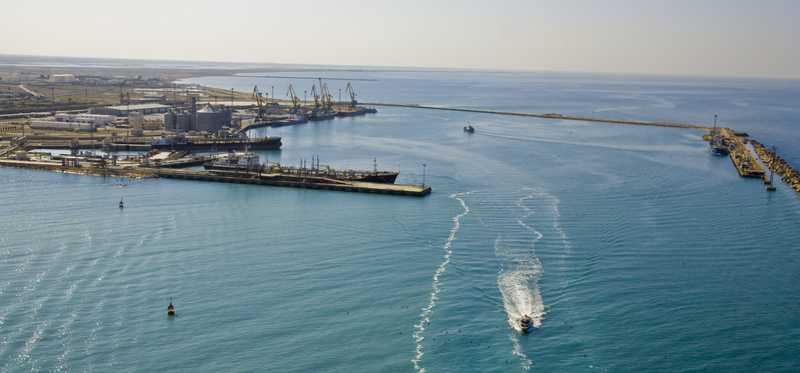 An oil port on the Caspian Sea.