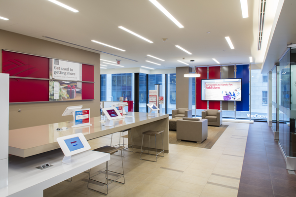 The inside of a Bank of America location.