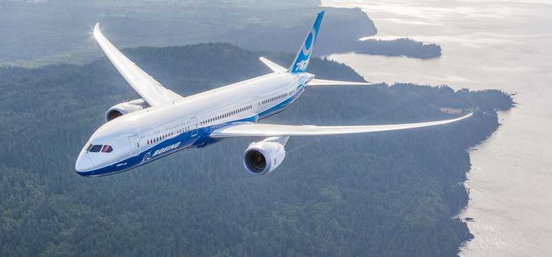 A Boeing 787 in flight.