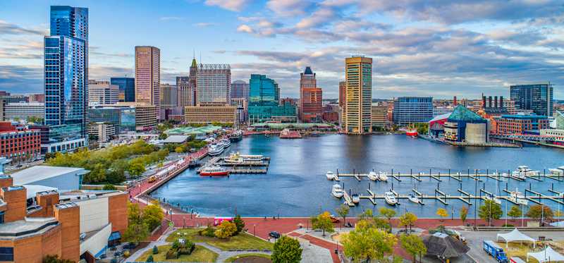 An aerial view of Baltimore's Inner Harbor.