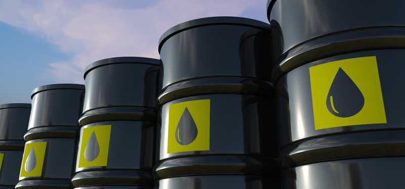 Barrels of crude oil lined up in a row.