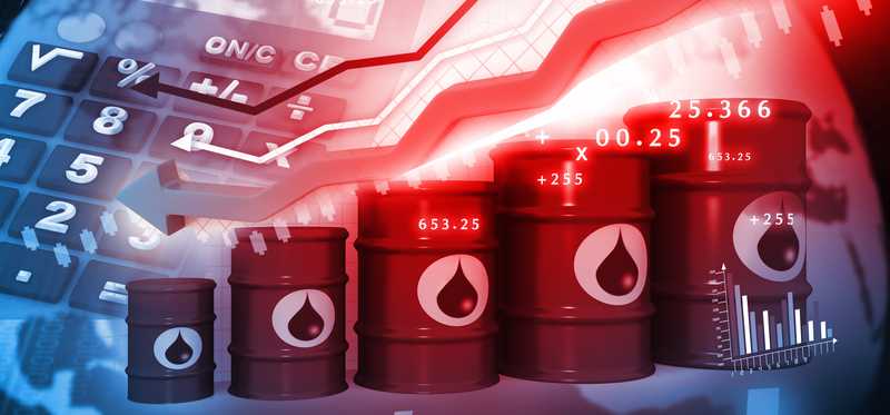 Barrels of oil rising in height with an upward pointing red arrow in the background.