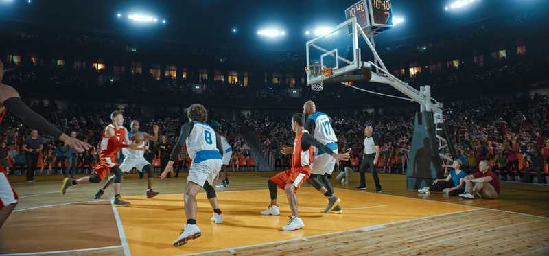 Basketball players on the court during a game.