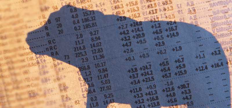 Bear silhouette on finance page of newspaper.